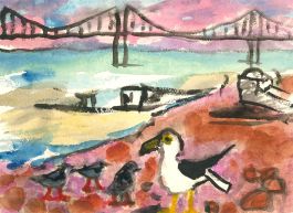 Michael Davies (b.1947)- Contemporary Watercolour, Gulls & Pigeons by the Bridge