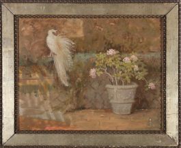 Robert Bower - c.1930 Oil, Hydrangeas and White Peacock