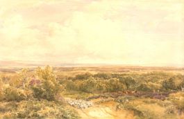 Thomas Collier RI (1840-1891) Watercolour, Shepherd and Flock