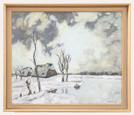 JP. Veahanef - Framed 20th Century Oil, Winter Landscape with Cottages