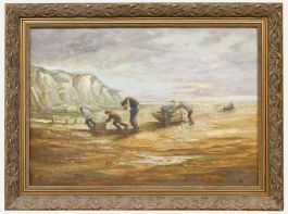 K.M - Framed 20th Century Oil, Bringing the Boats Ashore