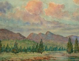 Tiger - 20th Century Watercolour, Dusk over the Pine Forest