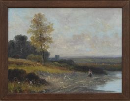 Framed Early 20th Century Oil - Walking by the River