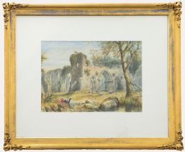 Framed Late 19th Century Watercolour - Flocked by Abbey Ruins