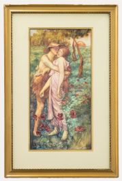 Mid 20th Century Watercolour - Lovers at Sunset