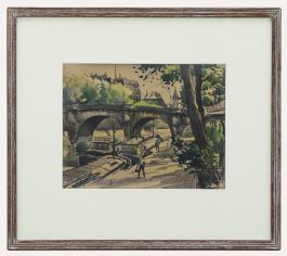 Framed 20th Century Watercolour - Canal-side in Summer