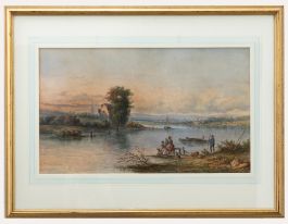 Framed English School Mid 19th Century Watercolour - Meeting by the River