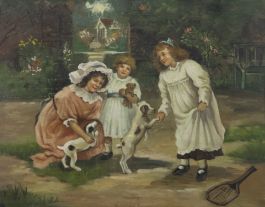 Mid 20th Century Oil - Children with Puppies
