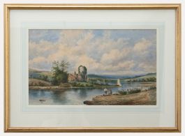 Mid 19th Century Watercolour - Fishing by the Abbey Ruins