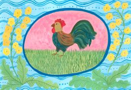 Jemma Jamie - Contemporary Gouache, Portrait of a Chicken with Primroses