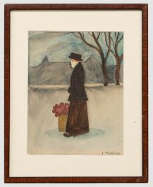 Ludvig Kumlien (1880-1958)- Framed Watercolour, Portrait of a Woman with Flowers