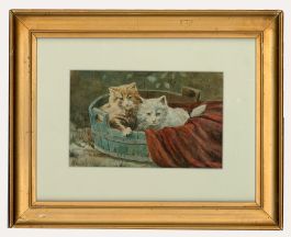 P.C.K    - Framed Mid 20th Century Watercolour, Kittens in a Wooden Crate