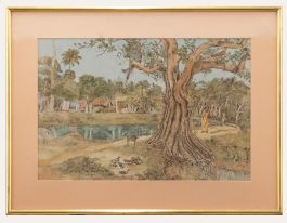Sunil Guha - 1982 Pen and Ink Drawing, Indian Village Scene