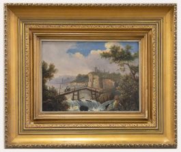 Continental School Mid 19th Century Oil - The Town Across the Bridge