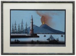 Neapolitan School Early 20th Century Gouache - View of Vesuvius