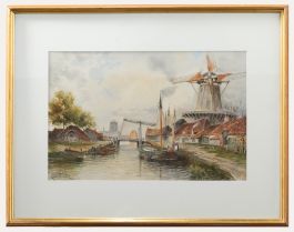 Louis Van Staaten (1836-1909) - Framed Watercolour, Dutch Windmill Scene