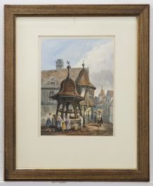 Framed 19th Century Watercolour - At The Town Well