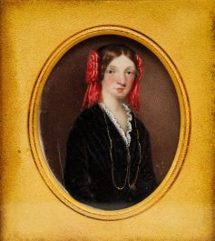 Miniature Early 19th Century Oil - Girl with Red Ribbons