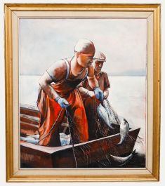 R. E. Banwell - Framed Contemporary Oil, Bringing in the Catch