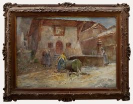 Oscar Ricciardi (1864-1935) -Watercolour, Fountain in the Village Square 9