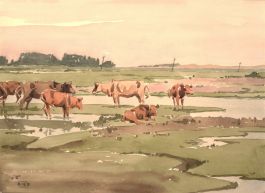20th Century Watercolour - Cows in Shallow Water