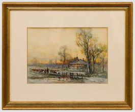 Robert William Arthur Rouse (1867-1951) - Watercolour, Driving Cattle at Sunset