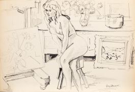 Georges Pacouil (1903-1996) - Pen and Ink Drawing, Nude and Flowers