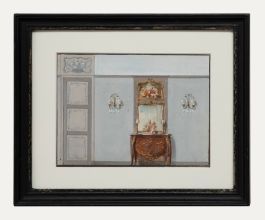 Framed 19th Century Gouache - Interior with Wall Sconces