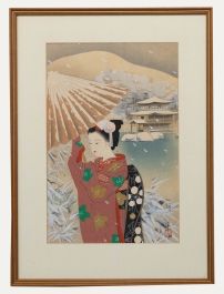 Mid 20th Century Watercolour - Woman in the Winter Snow