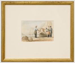 Framed 19th Century Watercolour - Mending the Sails