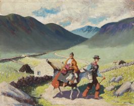 Mid 20th Century Oil - Travellers on a Mountain Path