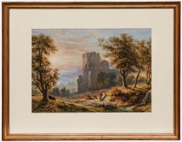 Mid 19th Century Watercolour - Figures Resting by Ruined Castle