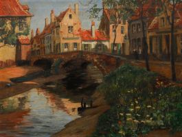 Marten Ven Der Loo (1880-1920) - Belgian Oil, View of an Old Bridge in Bruges 