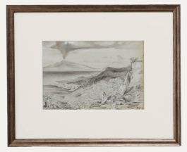 N. Darby- Framed 19th Century Graphite Drawing, Volcanic Landscape with Shepherd