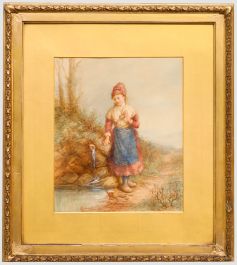 Edith Hume (1843-1906) - 1870 Watercolour, Fisherwoman Collecting Water