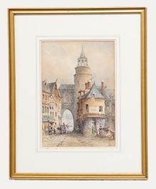 J.B - Framed 19th Century Watercolour, A Busy Street in Belgium