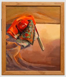 June Bevan (b.1927) - 20th Century Oil, Red Apple on Patterned Napkin