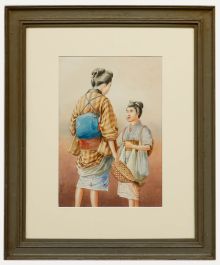 Japanese School Mid 20th Century Watercolour - Mother and Daughter