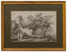 Framed 19th Century Watercolour - Wooded Landscape with Abbey Ruins