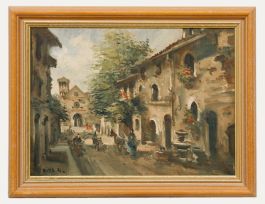 Riva - Spanish School  1940 Oil, Spanish Street in Summer