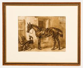 Edith Mary Cottam (1864-1942) - Framed Watercolour, Saddled Hunter with Hound 