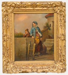 German School  19th Century Oil - Mother and Son