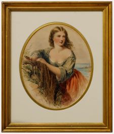 Henry E. Hobson (fl.1857-1870)- Framed 1864 Watercolour, Maiden Mending the Nets