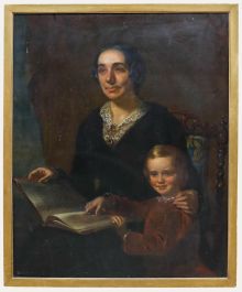 Large Late 19th Century Oil - Portrait of a Mother & Child