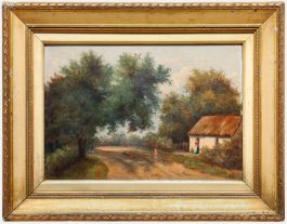 English School Late 19th Century Oil - Feeding Chickens by the Cottage