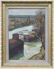 French School Mid 20th Century Oil - Barges on the Seine