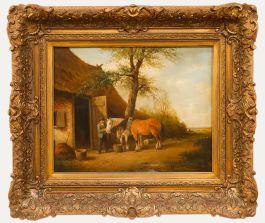 German School Framed Early 20th Century Oil - A Farmer Feeding Horses