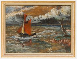 Early 20th Century Oil - Boat with Red Sails