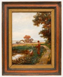 German School 1913 Oil - Collecting Flowers
