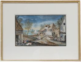 Fine Early 19th Century Gouache - Bustling Rural Scene